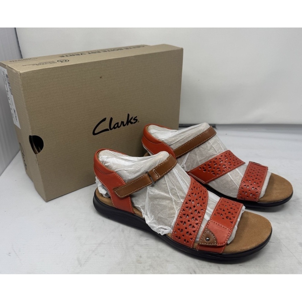 🔥Clarks Kitly Way 🧡Orange Coral Grenadine‎ Leather Sandals  Size 8.5 M NIB - Picture 2 of 6